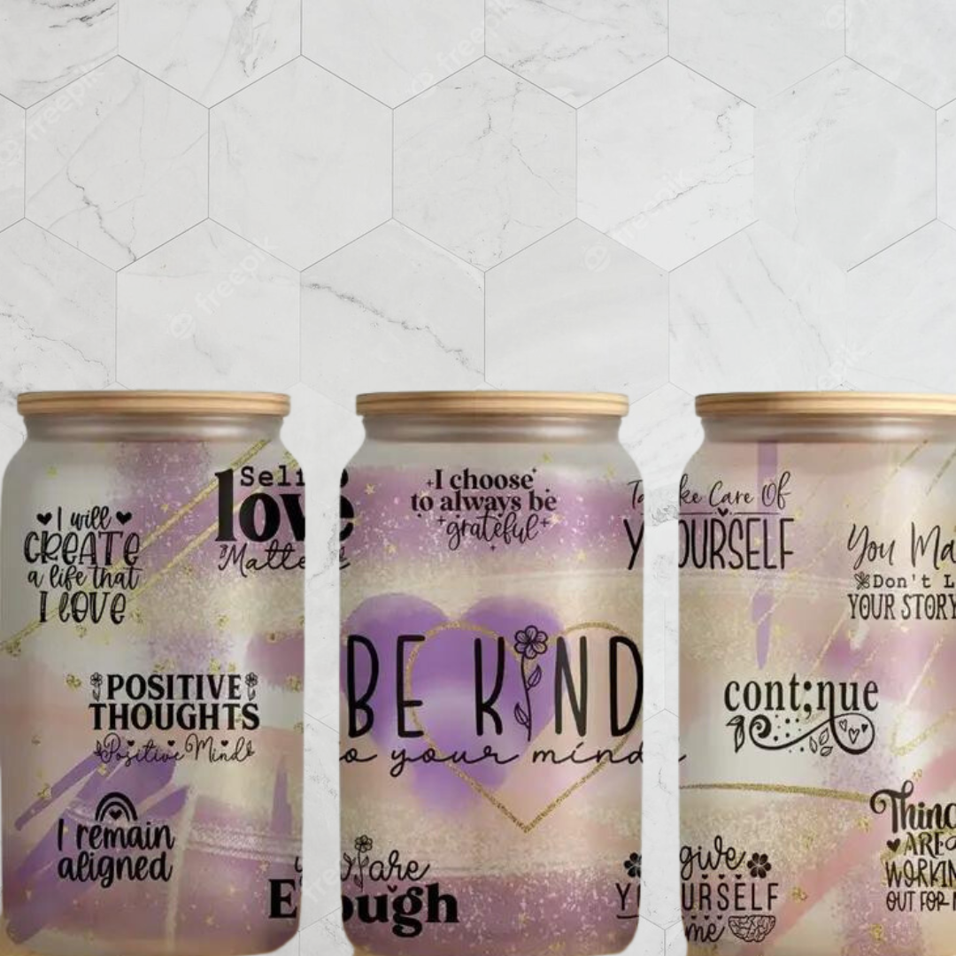 Be Kind Affirmations 16oz Glass Can Cup with Lid and Straw