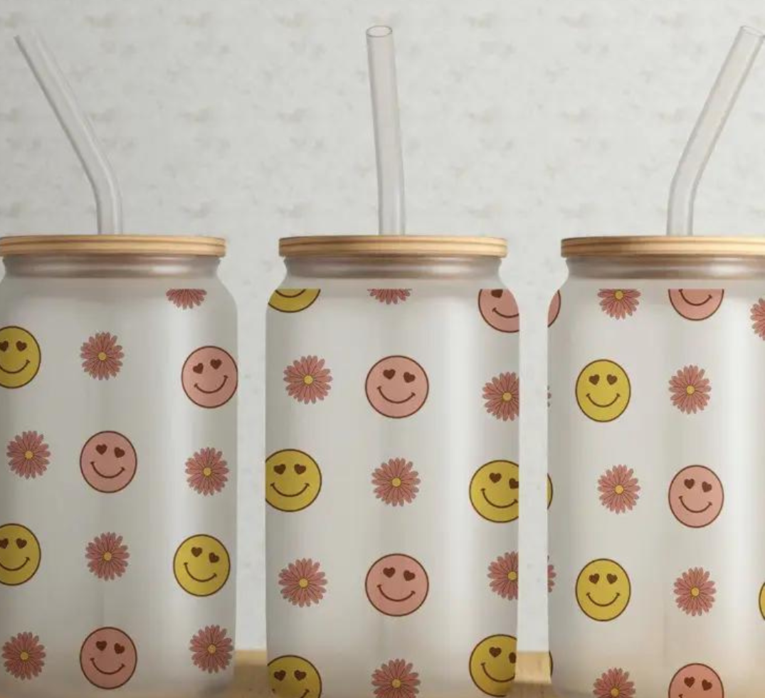 Retro Smiley Face and Floral 16oz Glass Can Cup with Lid and Straw
