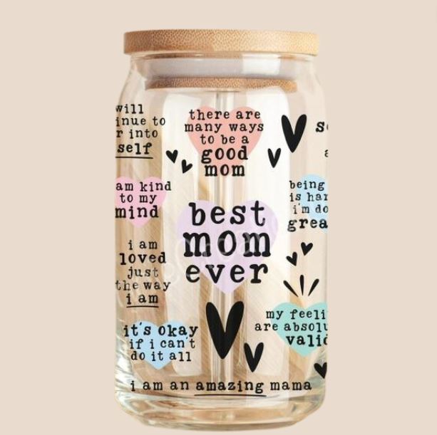 Best Mom! 16oz Glass Can Cup with Lid and Straw