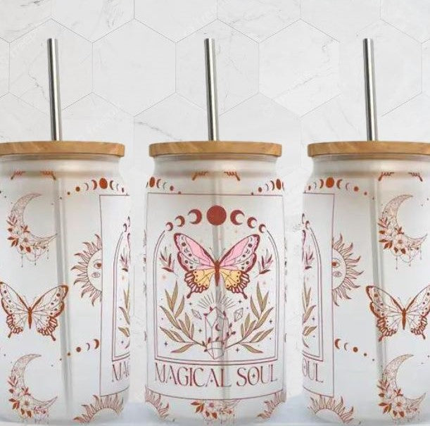 Magical Soul 16oz Glass Can Cup with Lid and Straw