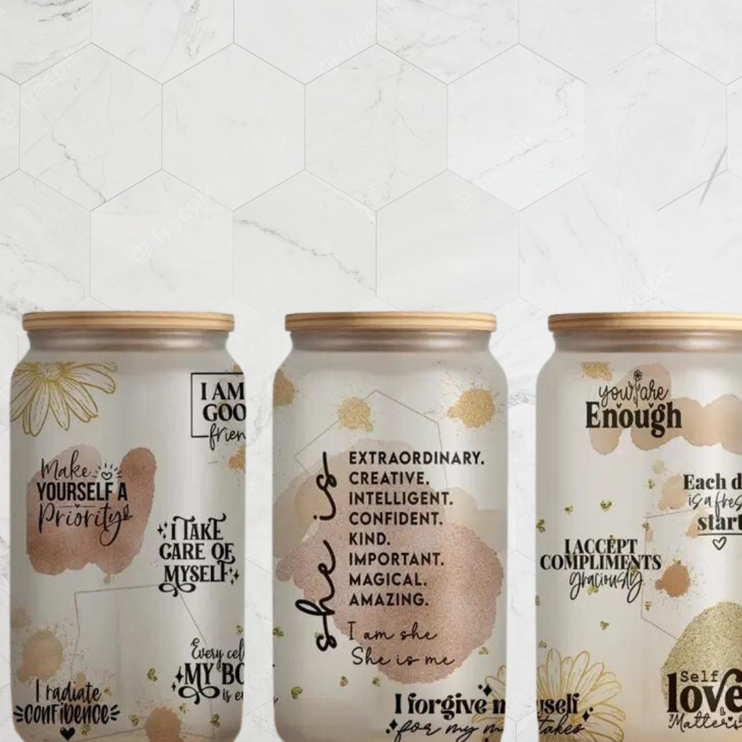 She Is, Affirmation 16oz Glass Can Cup with Lid and Straw